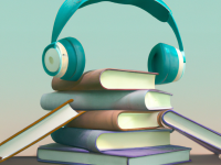 A few books with headphones on, covering all the books, modern design, for the web, cute, happy, 4k, high resolution, trending in artstation